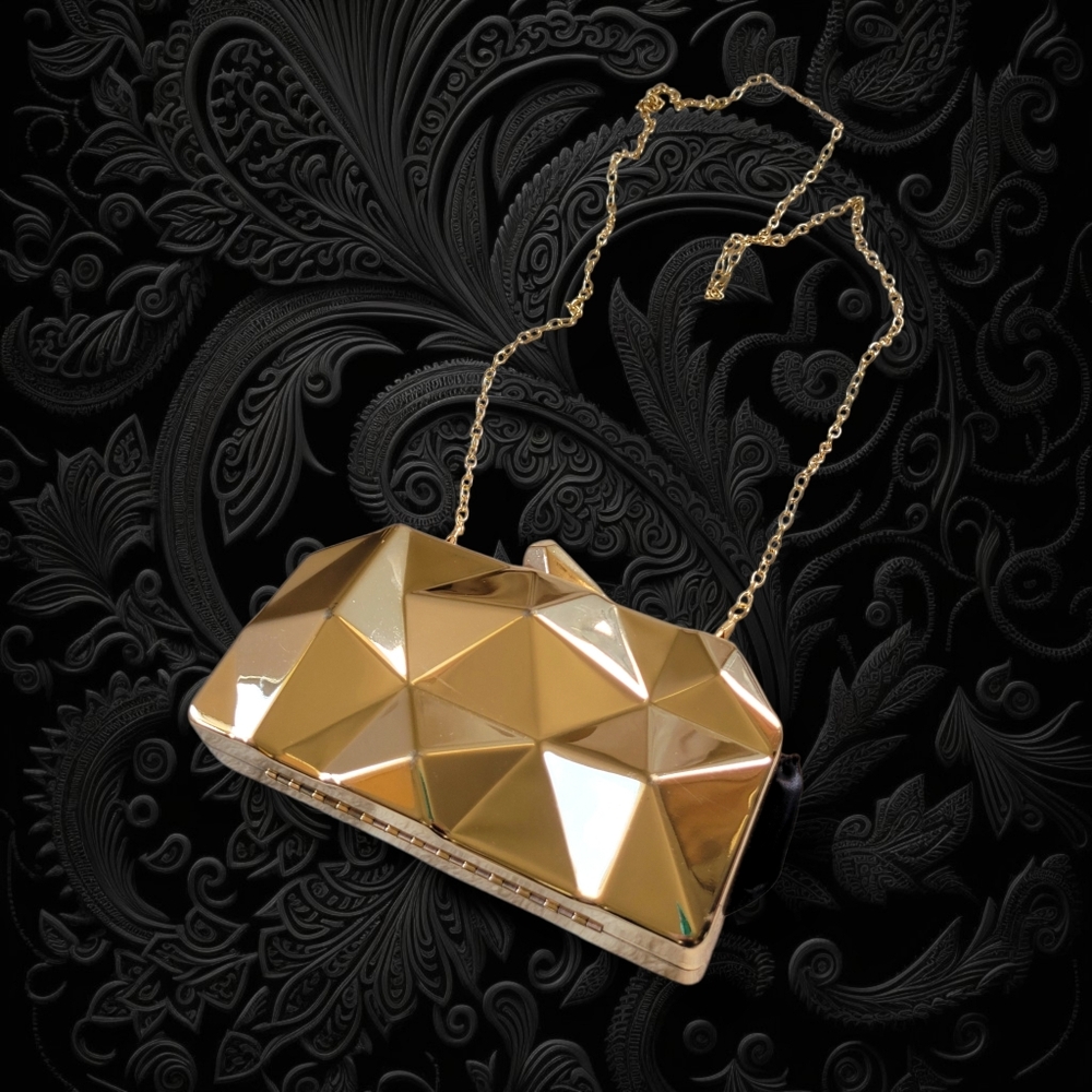 Fascinators Direct | Gorgeous Shiny Gold Tone Geometric Hard Clutch Bag
